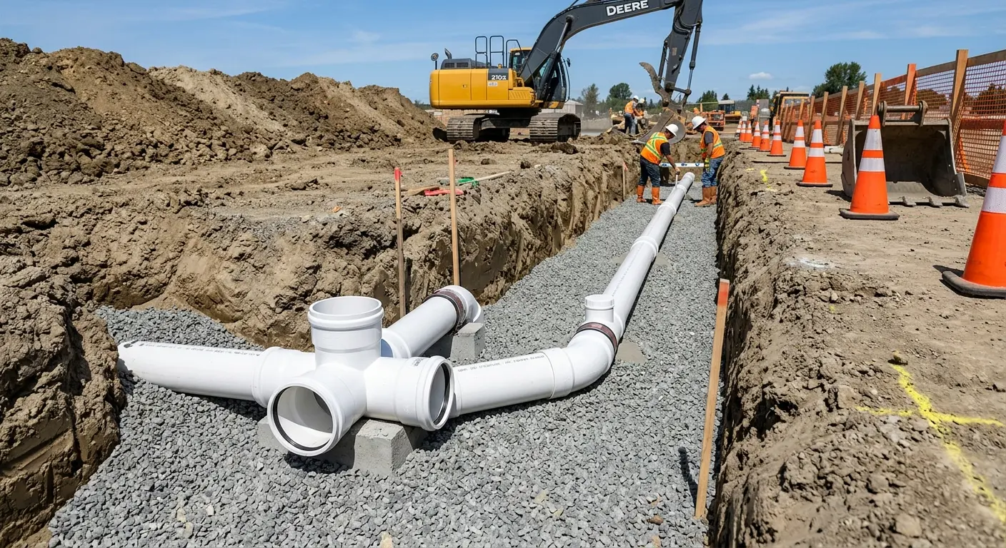 New PVC sewer pipe installation in open trench for Sewer Backup in Melbourne