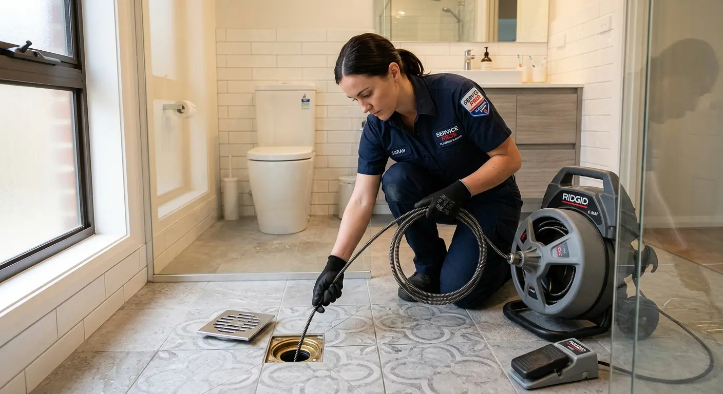 Technician clearing a bathroom floor drain for Hydro Jetting in Melbourne